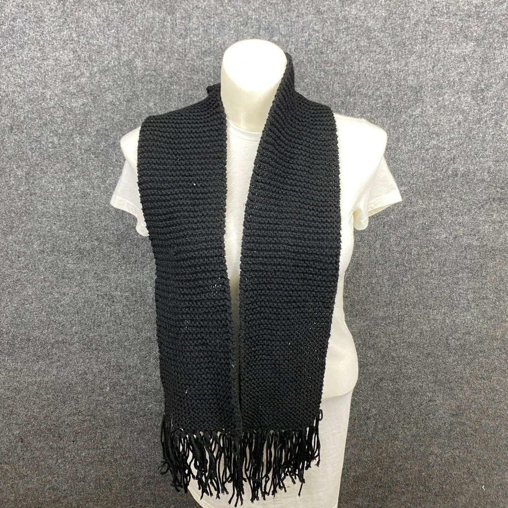 Unbranded Black Chunky Knit Scarf with Fringe Trim Winter Fall Traditional Style